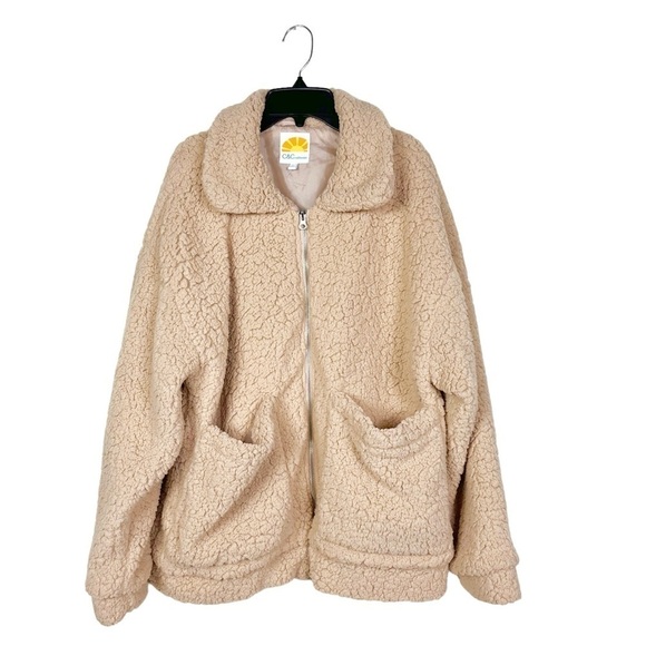 C&C California Tan Sherpa Teddy Coat Dual Pocket Zip Front Long Sleeve Jacket L - Picture 2 of 7